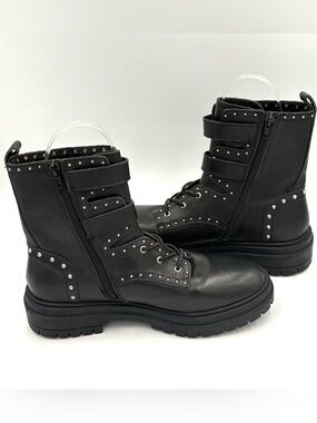 Chelsea & Violet Black Studded Leather Chunky Mid-Calf Combat Biker Boots Size 9